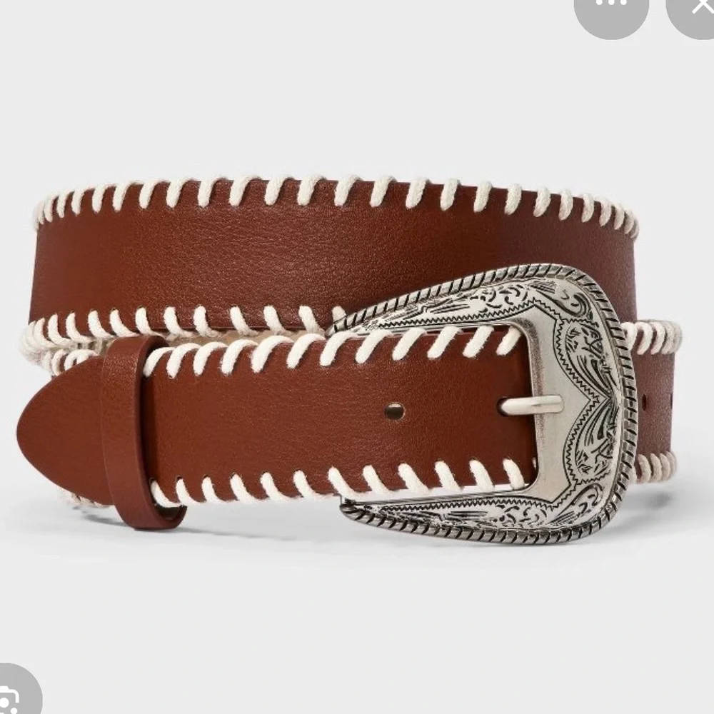 wild fable Brown Western Belt with White Whipstitch and Silver Buckle - Picture 1 of 4